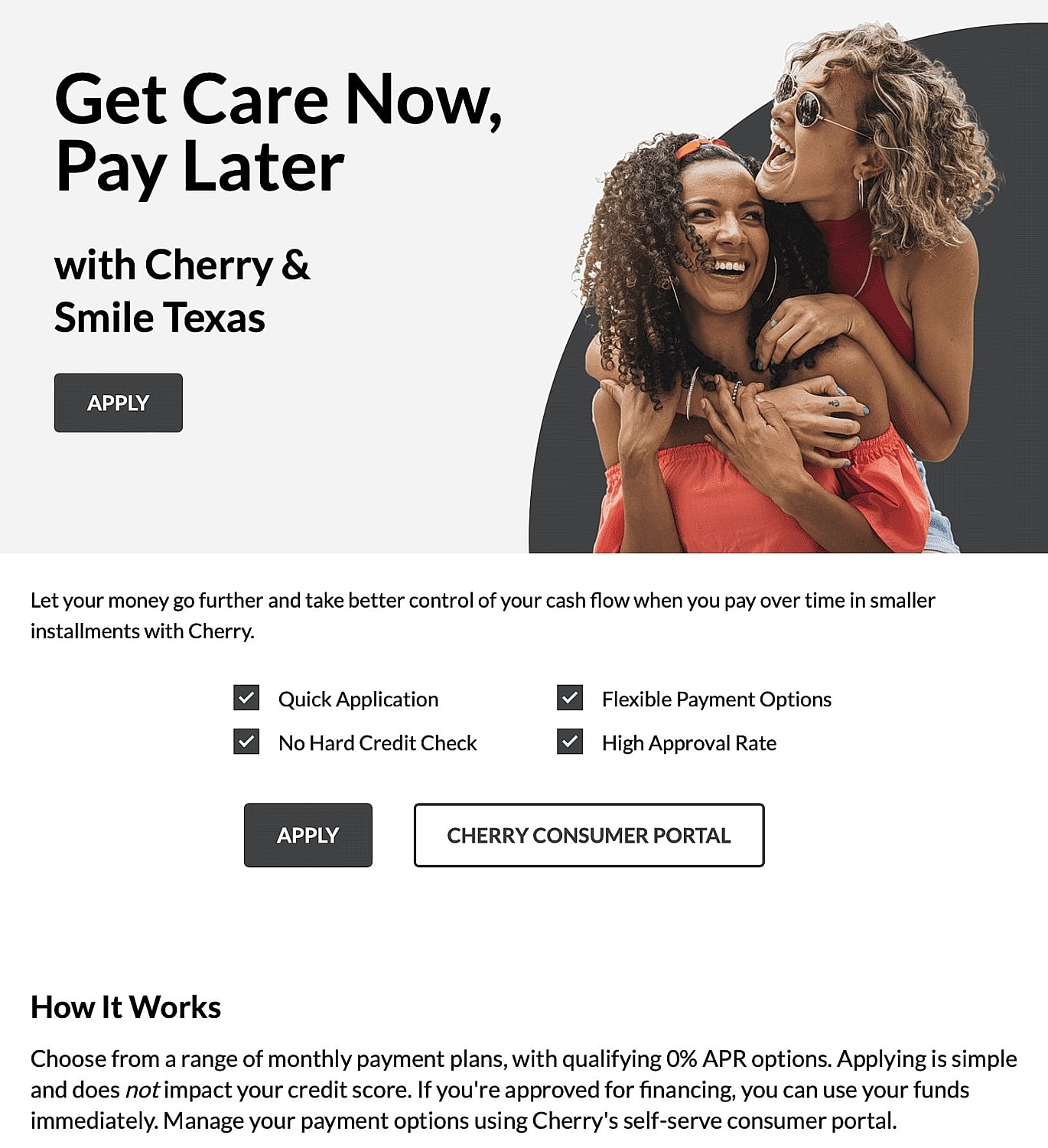 Two women promoting payment plan options.