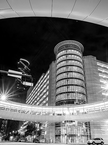 Modern building architecture at night in black and white.