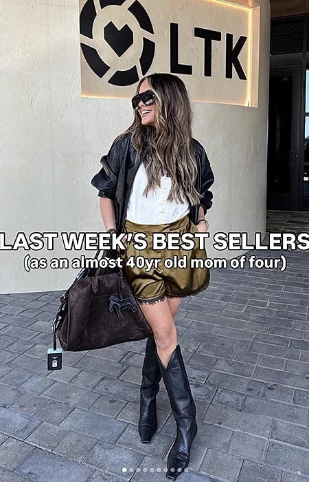 Mom showcasing last week's fashion bestsellers.