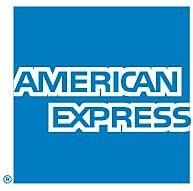 American Express logo on blue background.
