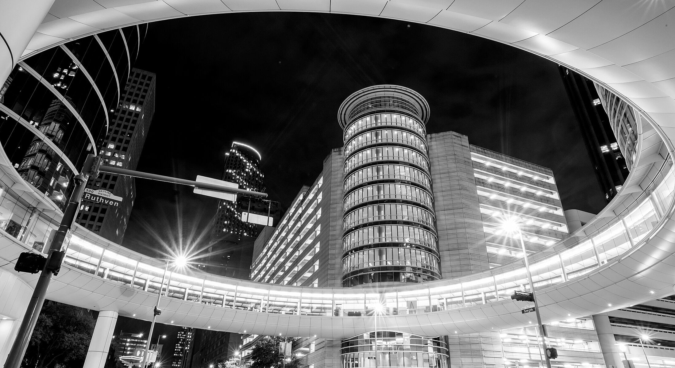 Modern urban architecture at night in black and white.